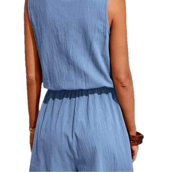 Cupshe Blue Cotton Wide Leg Rompers V Neck Sleeveless Romper NWOT SKU1096 - Picture 6 of 9